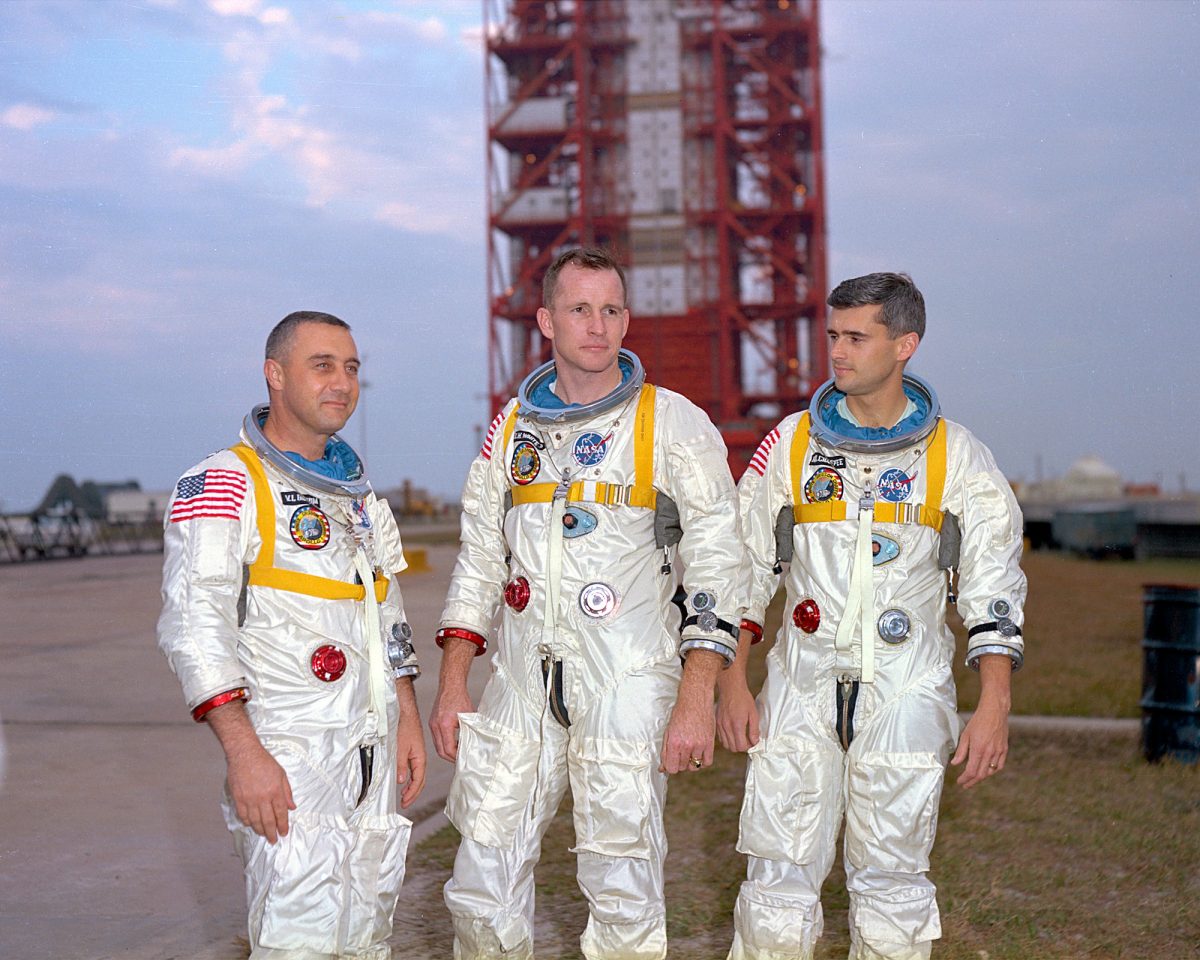 The prime crew of the Apollo 1 mission are pictured during training in Florida. Left to right are astronauts Virgil I. Grissom, Edward H. White II, and Roger B. Chaffee. Credit: NASA file photo